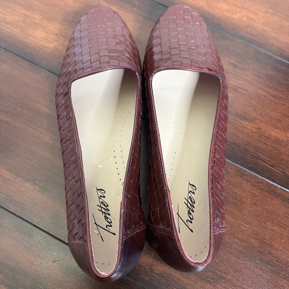 New Trotter Liz III Flats Loafers Women Size 7.5 Burgundy Leather Basketweave - Picture 7 of 11
